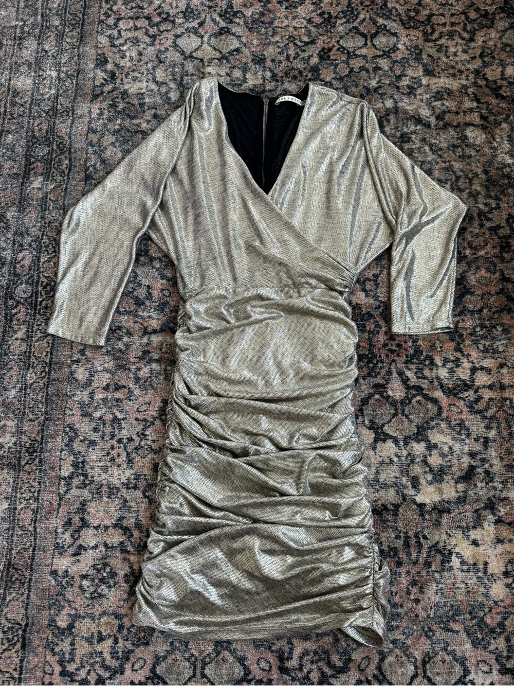 Alice + Olivia Metallic Silver Ruched Long-Sleeve Wrap Dress